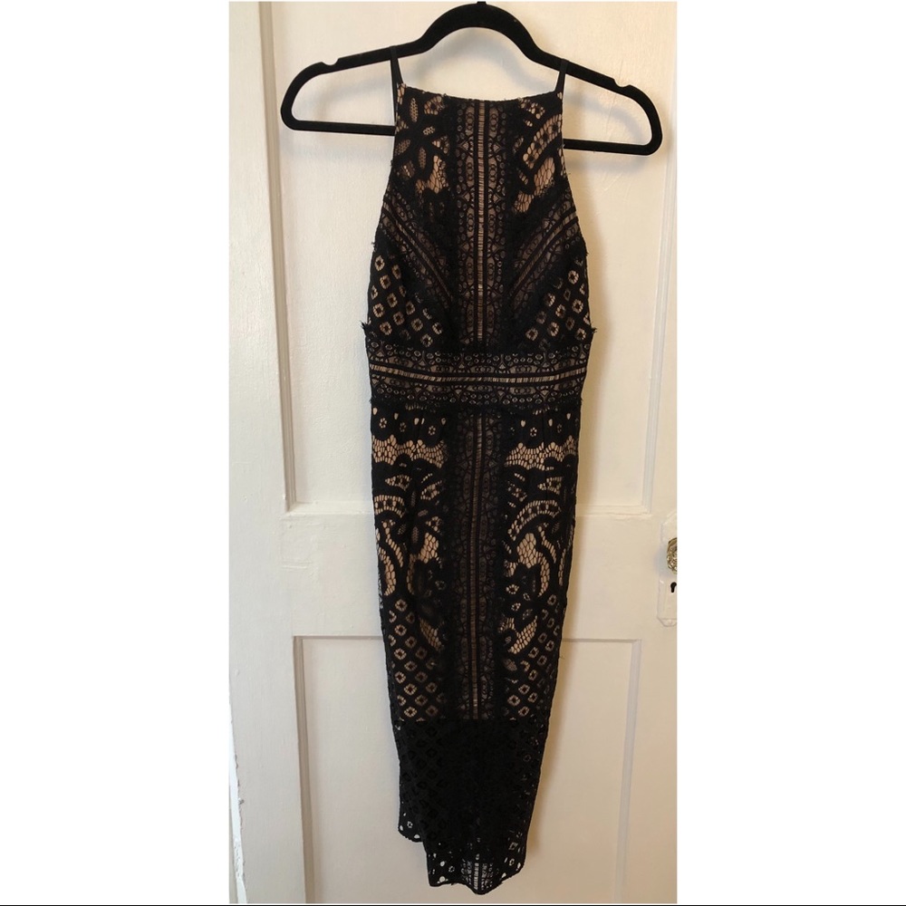 Black Tea-Length Cocktail Dress w/ Lace Detail - XXS
